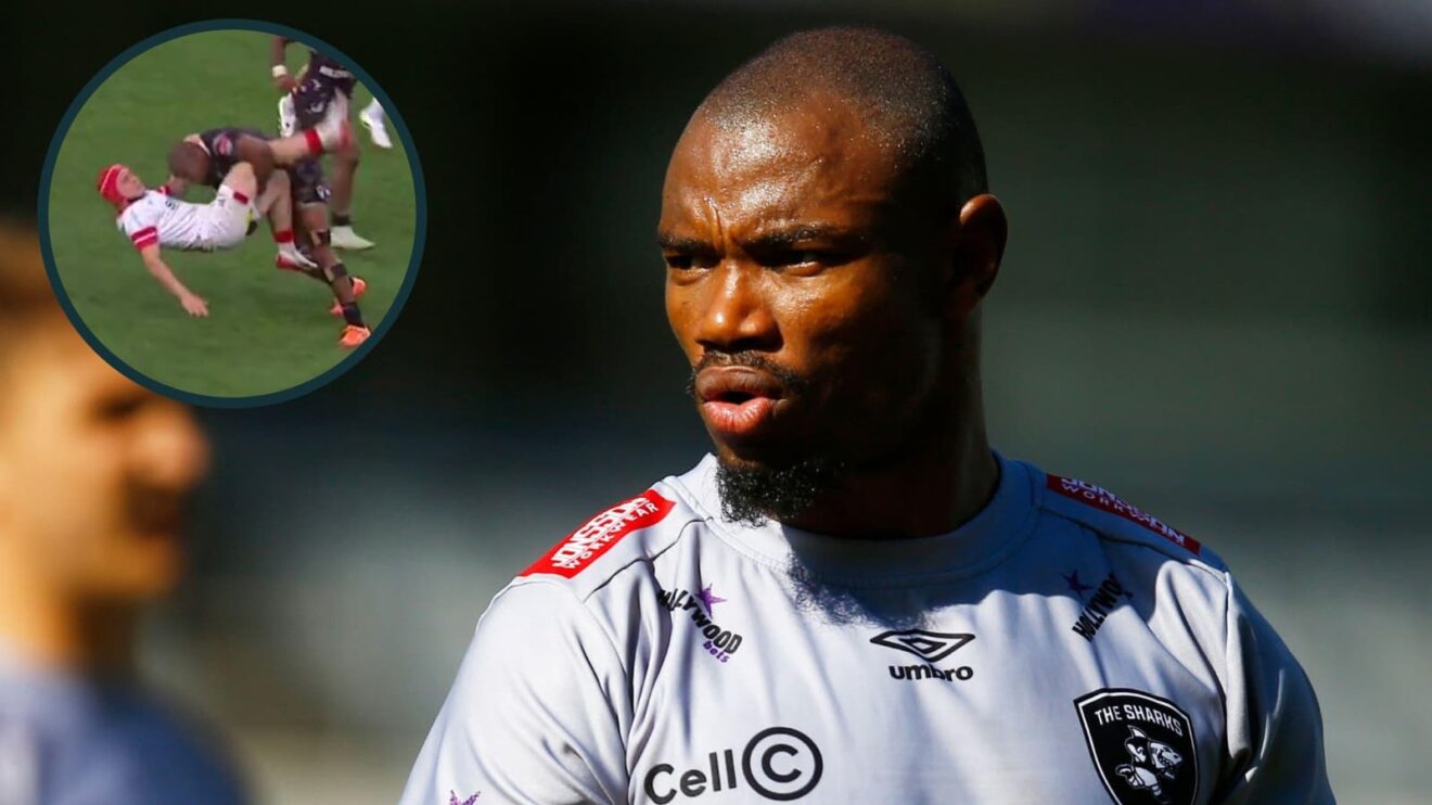 Sharks and Springboks winger Makazole Mapimpi (Photo by Steve Haag Sports/Gallo Images) and an inset of his tackle on Mike Lowry.