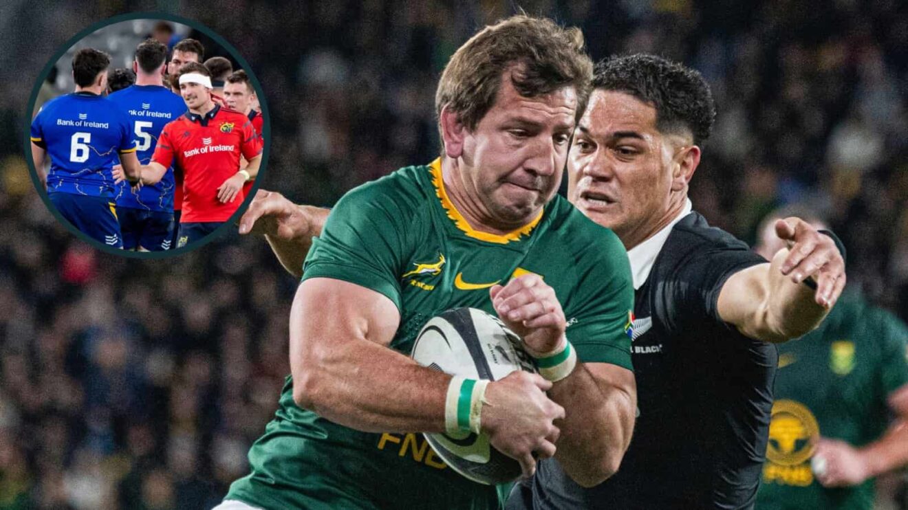 Springboks flanker Kwagga Smith and All Blacks centre Quinn Tupaea (Photo by James Foy/Speed Media/Icon Sportswire) and an inset of Leinster and Munster players (Photo by Andrew SURMA/SIPA USA).