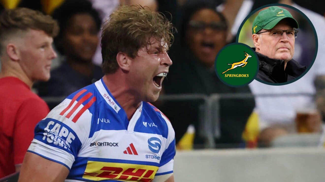 Stormers number eight Evan Roos and an inset of Springboks boss Rassie Erasmus.