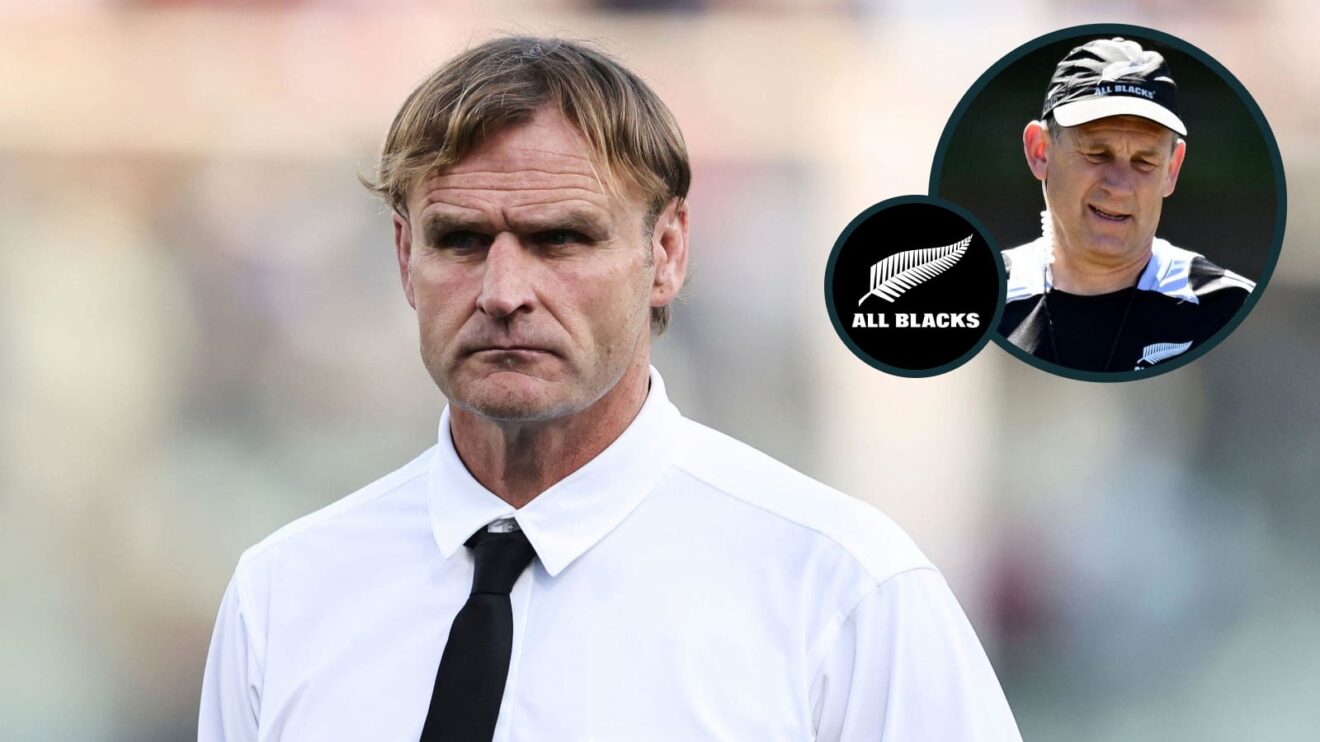 All Blacks head coach Scott Robertson and assistant Jason Holland, who is set to leave his role (inset).