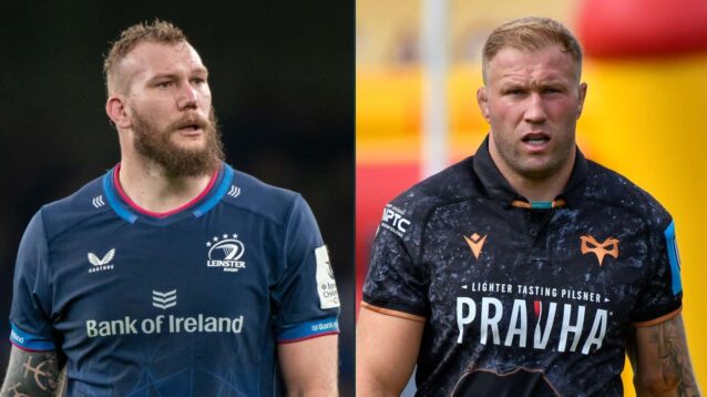 Leinster's RG Snyman and Ospreys' Ross Moriarty.