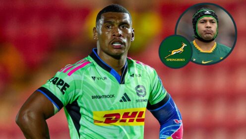 Damian Willemse and an inset of Springboks star Cheslin Kolbe.
