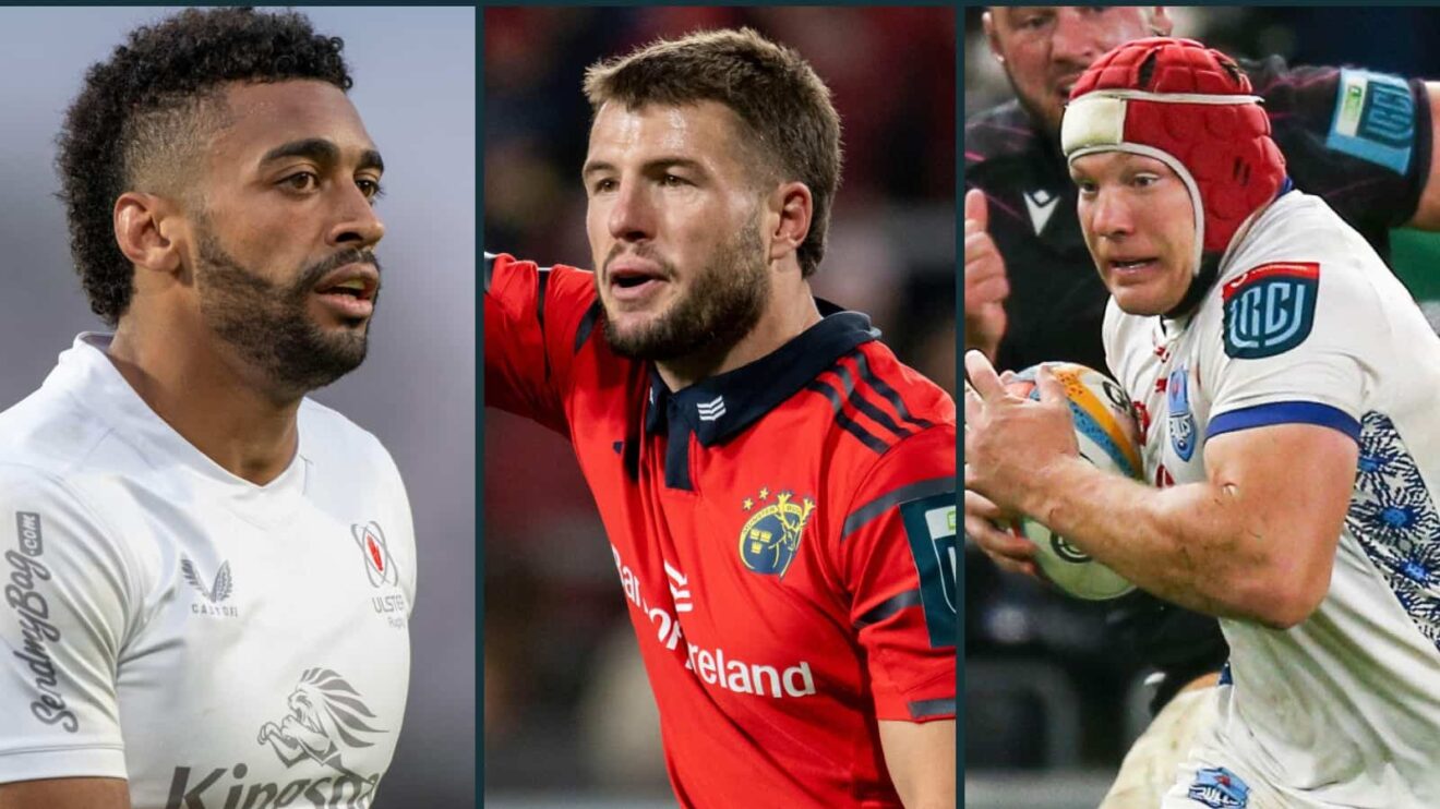 Ulster's Robert Baloucoune, Munster's Alex Nankivell and Bulls' Johan Grobbelaar.