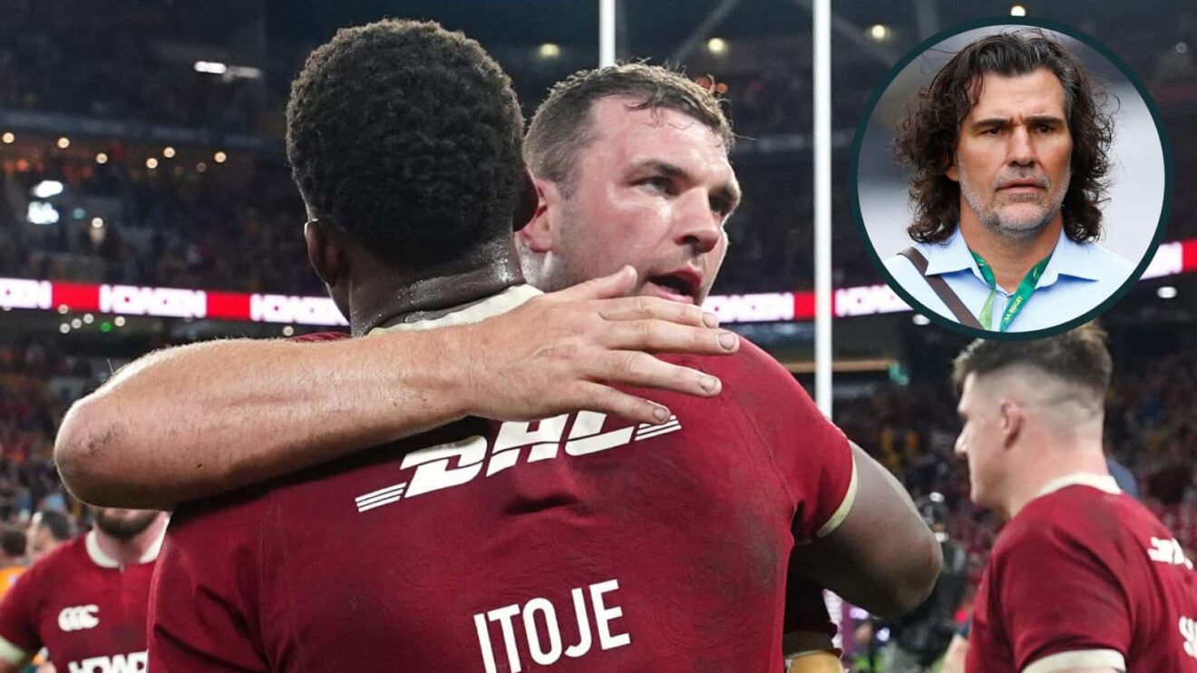 British and Irish Lions forwards Tadhg Beirne and Maro Itoje, with an inset of Springboks legend Victor Matfield.