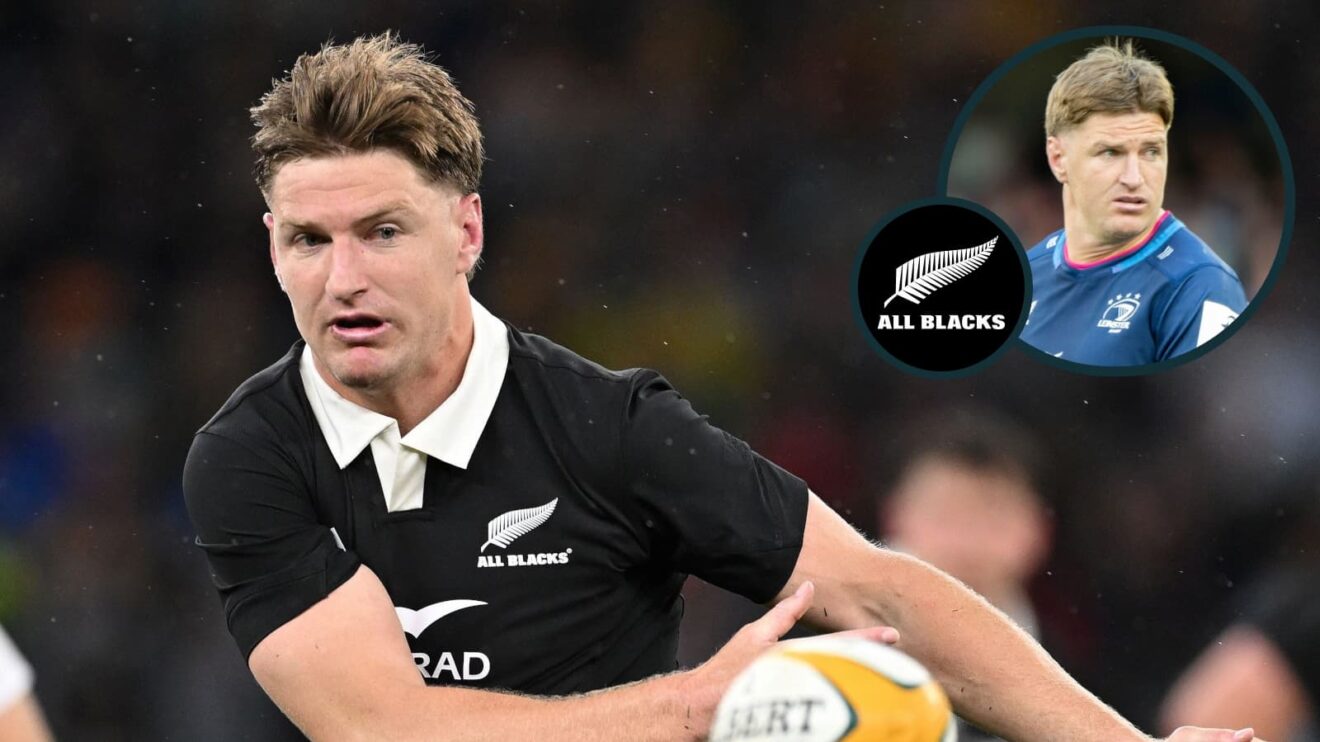 Jordie Barrett in action for the All Blacks and during his time in Ireland with Leinster (inset).