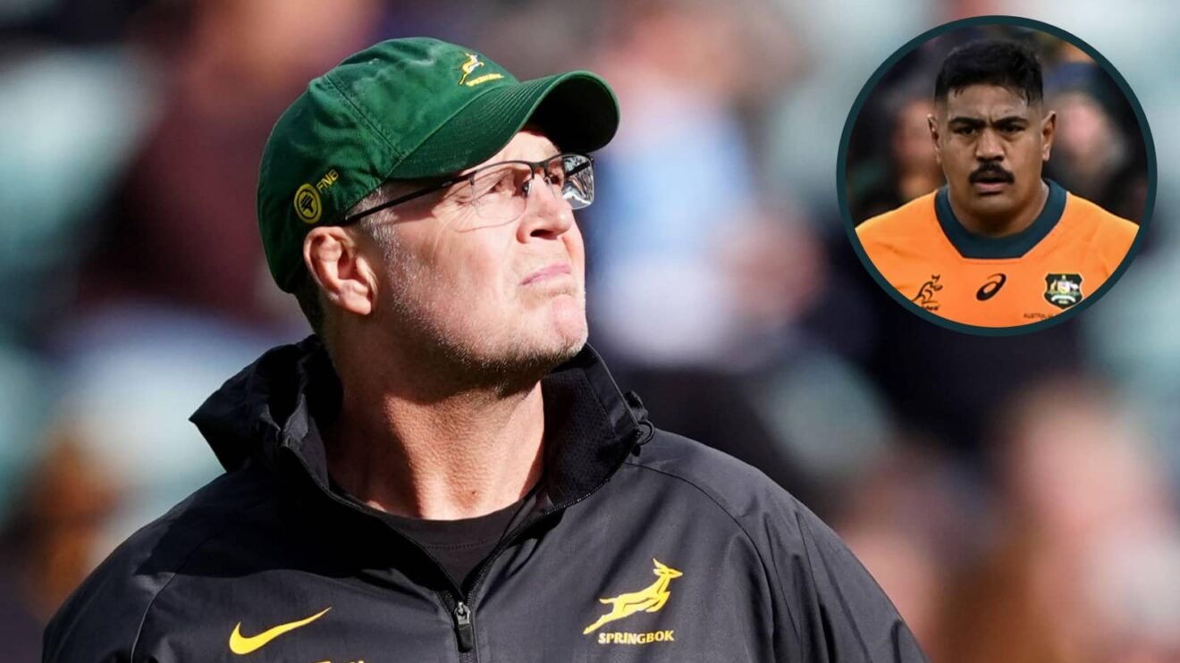 Springboks head coach Rassie Erasmus and an inset of Wallabies lock Will Skelton.