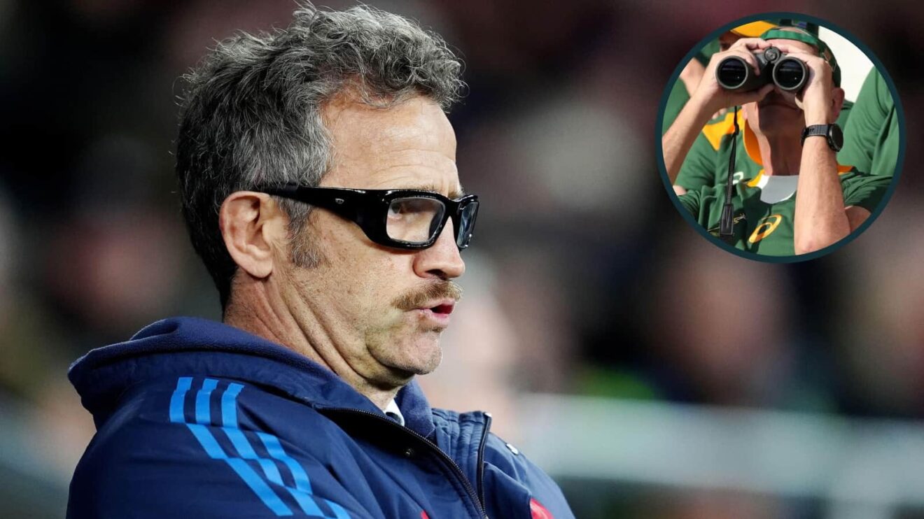 France head coach Fabien Galthie and an inset of South African Rugby fans