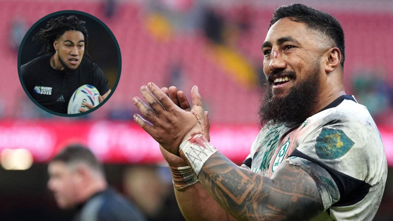 Ireland centre Bundee Aki and All Blacks legend Ma'a Nonu (inset).