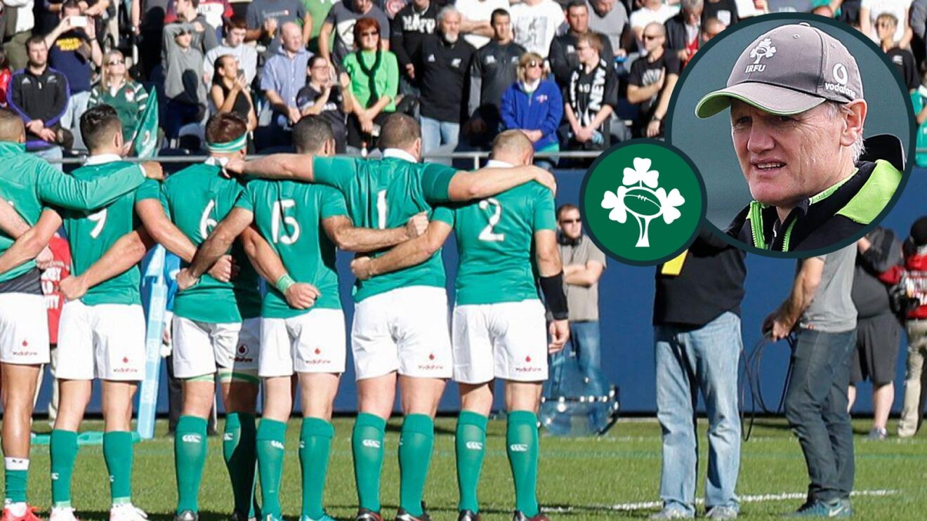 Ireland's players during the national anthem prior to kick off of a rugby match against New Zealand in Chicago.