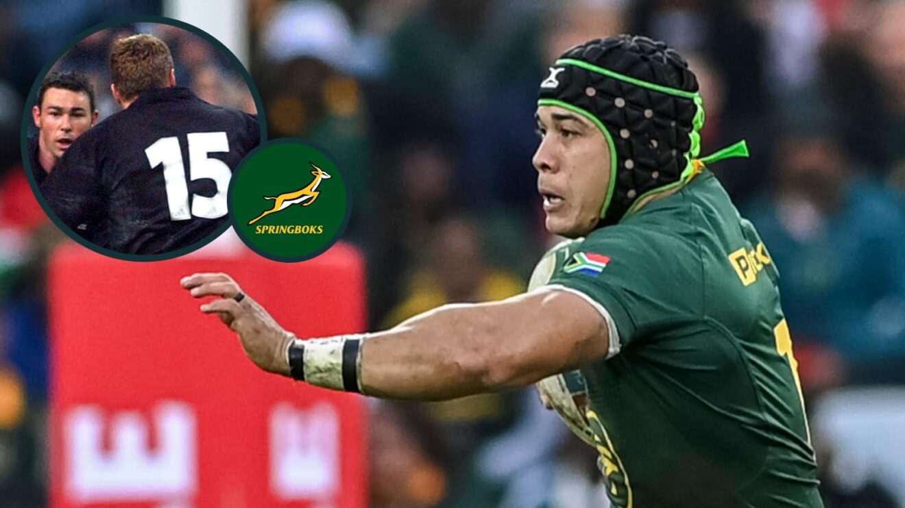 Springboks star Cheslin Kolbe and All Blacks legend Christian Cullen (inset).