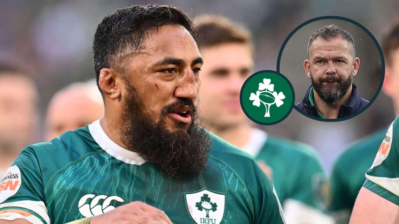 Ireland centre Bundee Aki and an inset of head coach Andy Farrell.