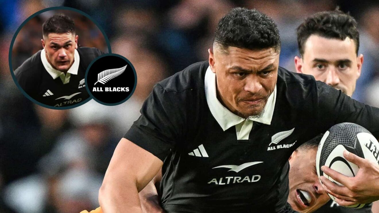 All Blacks wing Caleb Clarke and centre Quinn Tupaea (inset).