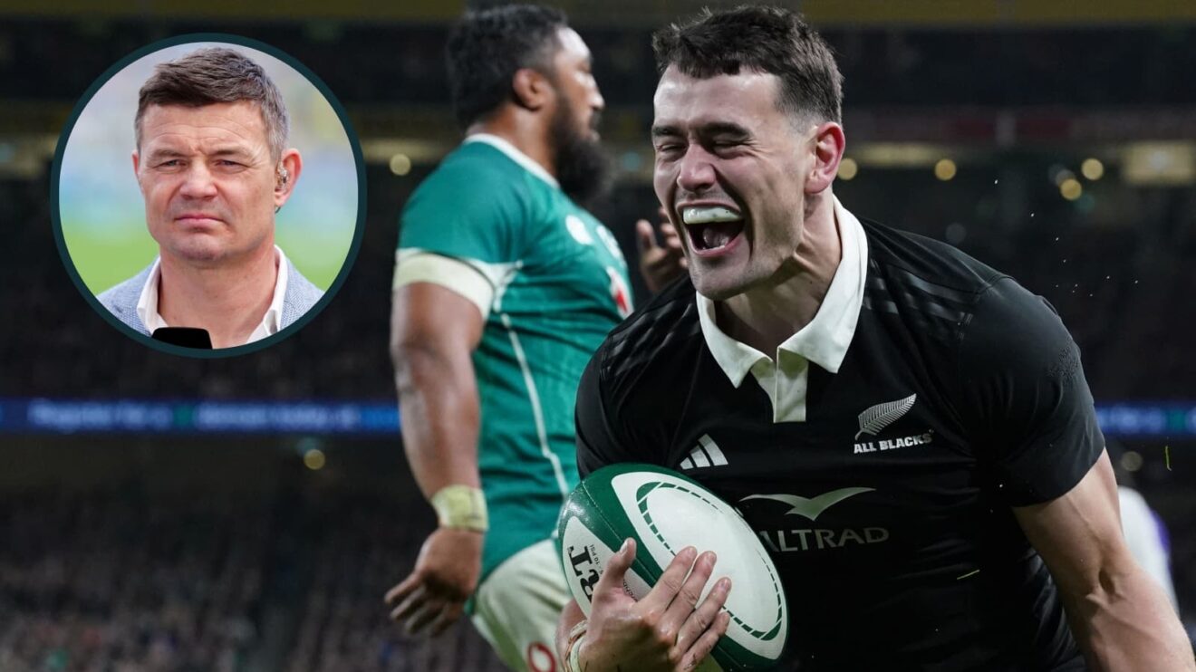 Will Jordan celebrates try v Ireland and legendary centre Brian O'Driscoll (inset).