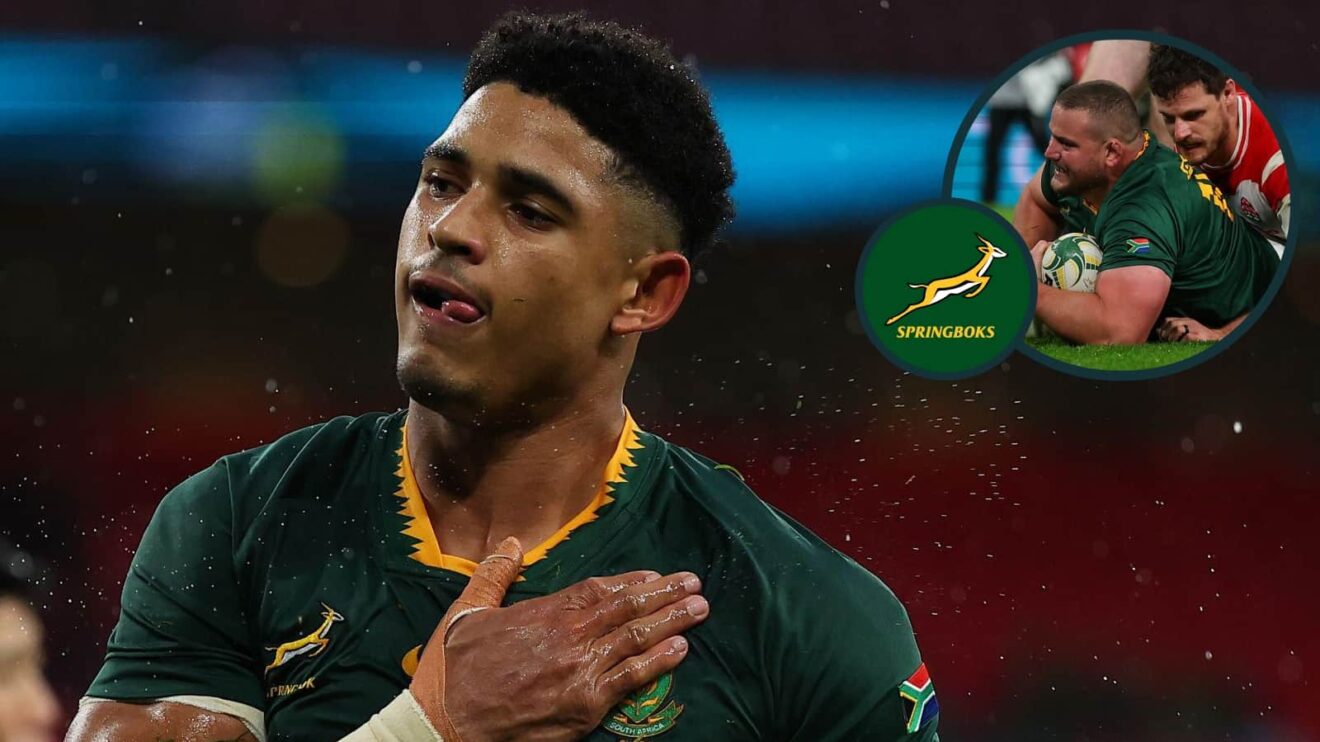 Sacha Feinberg-Mngomezulu and an inset of Springboks prop Wilco Louw.