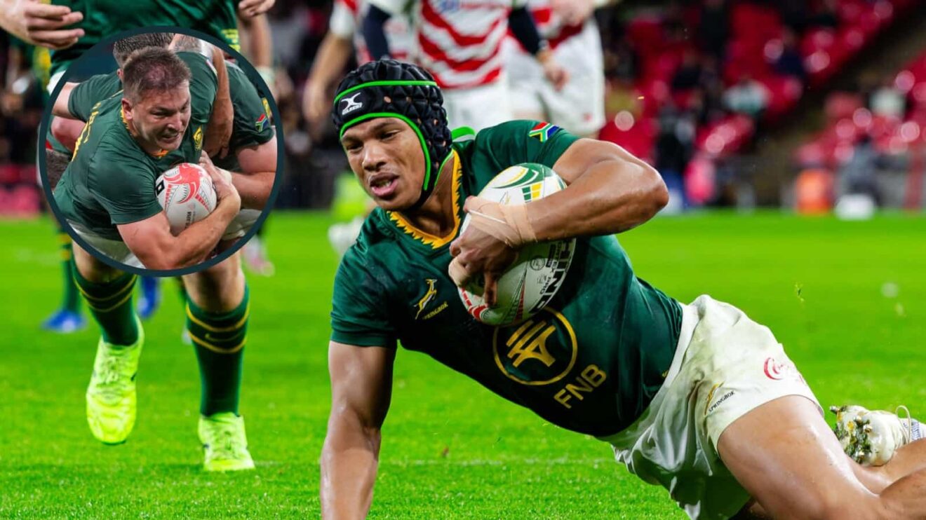 Springboks wing Kurt-Lee Arendse and an inset of Andre Esterhuizen.