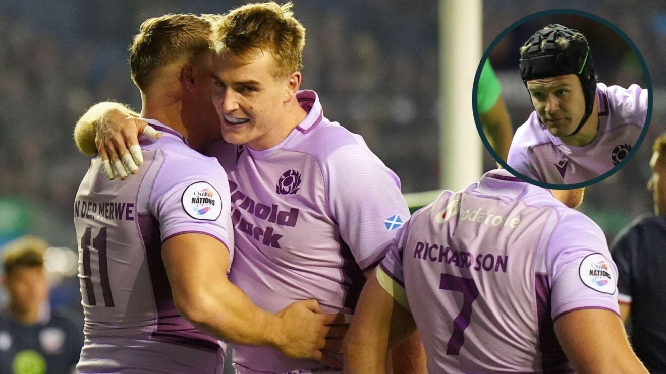 A two layered image of Scotland players celebrating and Darcy Graham