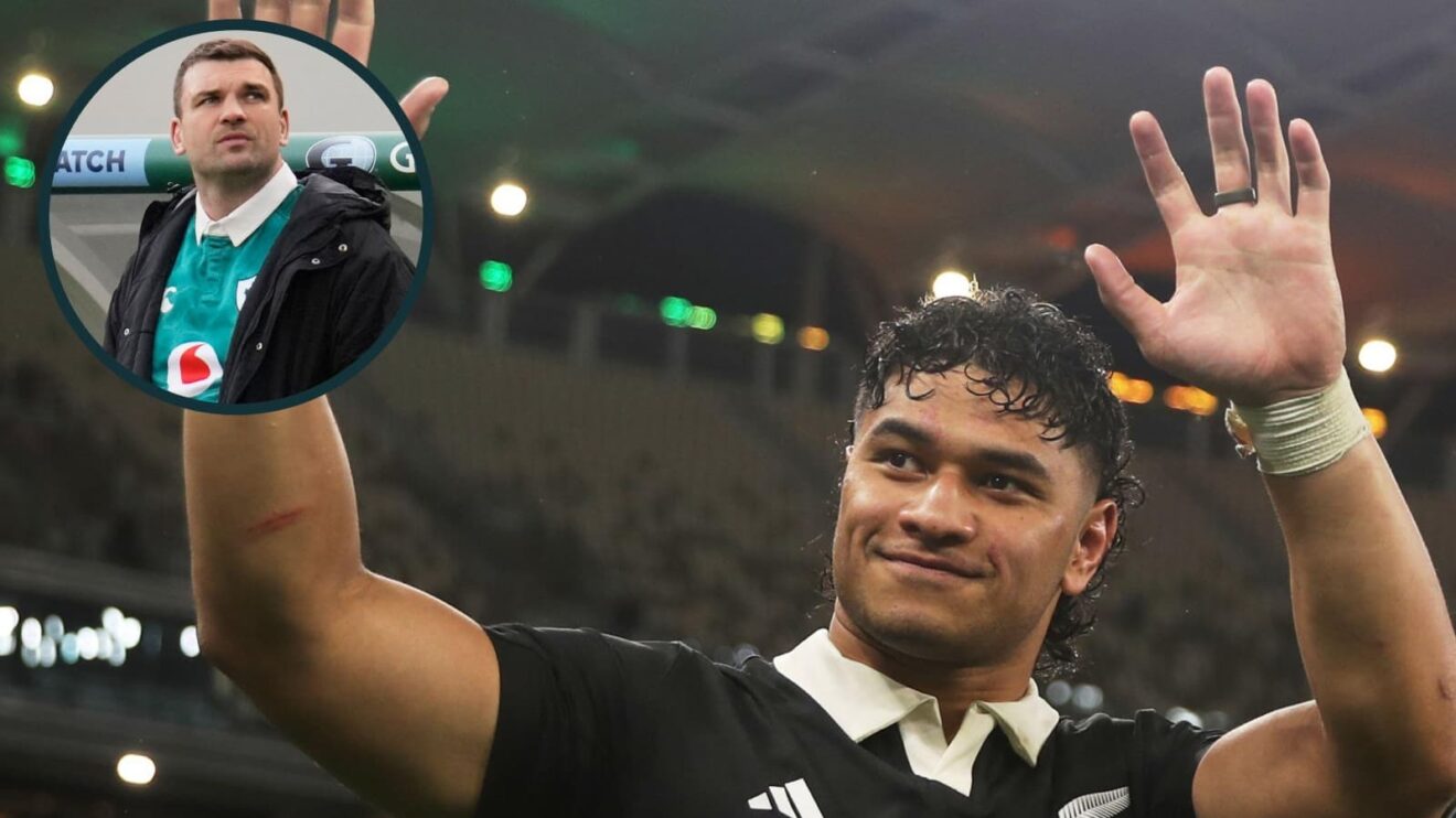 All Blacks loose forward Wallace Sititi and an inset of Ireland's Tadhg Beirne.