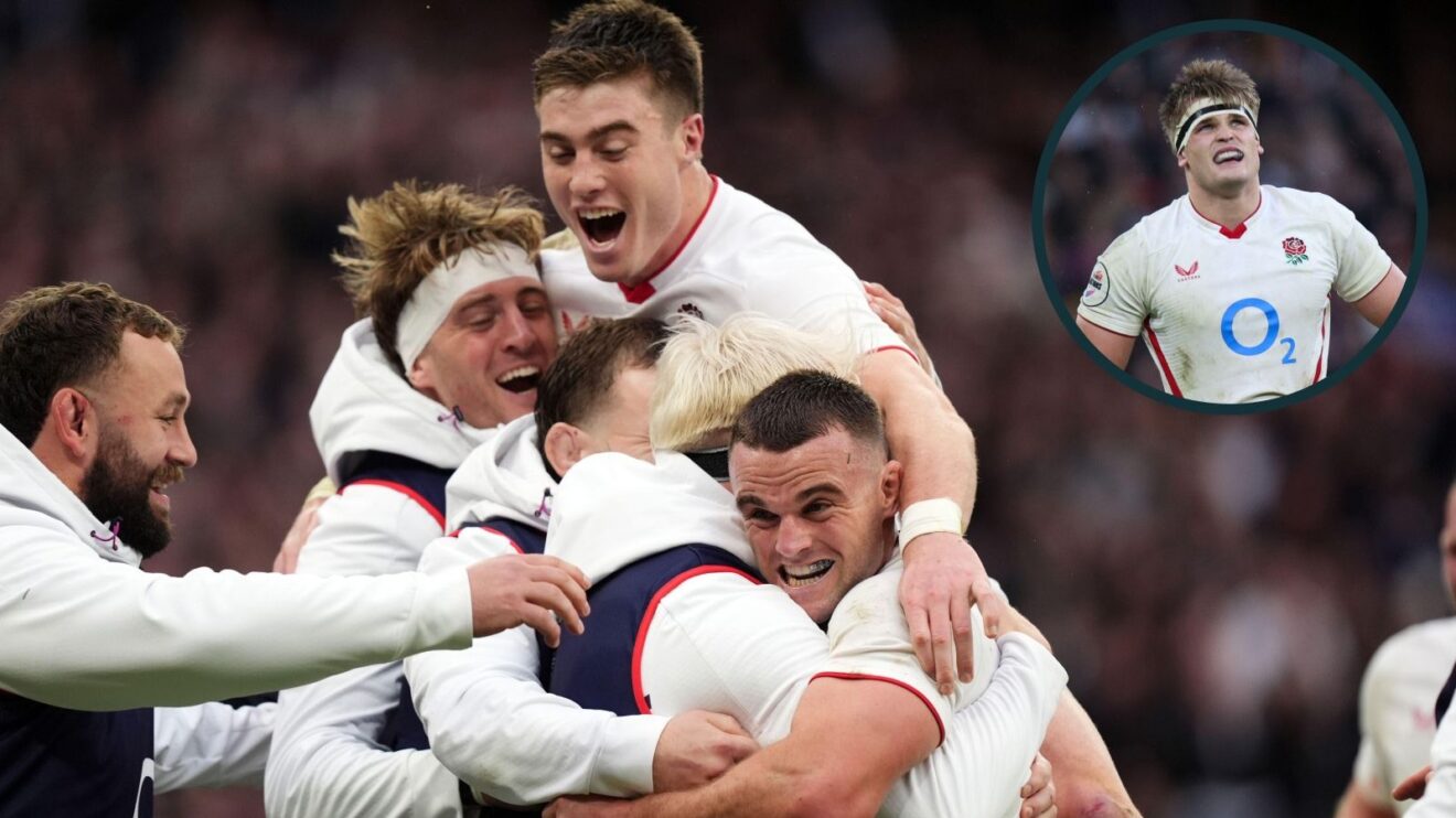 A two layered image of England players celebrating a try and
