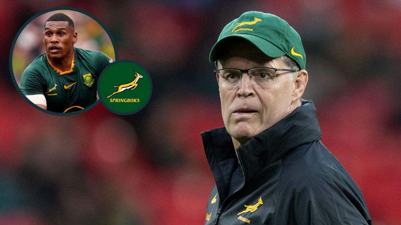 Springboks head coach Rassie Erasmus and an inset of full-back Damian Willemse.