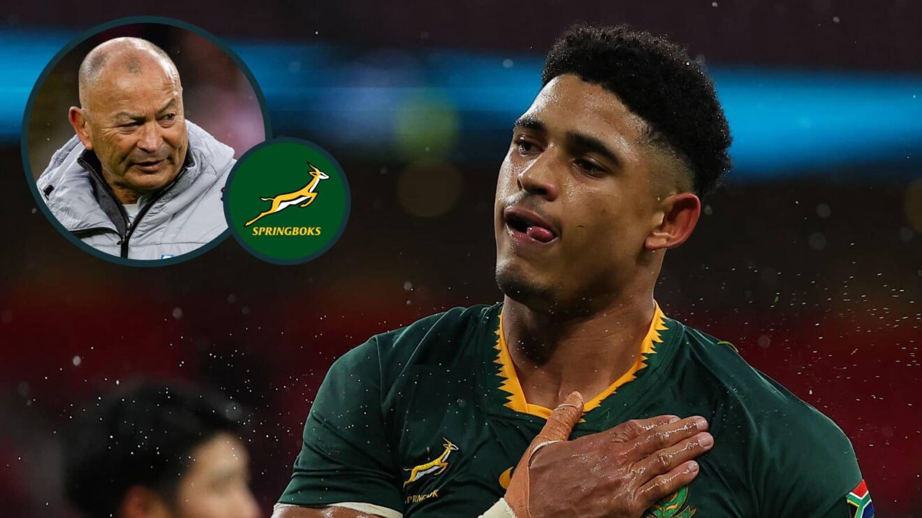 Springboks fly-half Sacha Feinberg-Mngomezulu and an inset of Japan boss Eddie Jones.