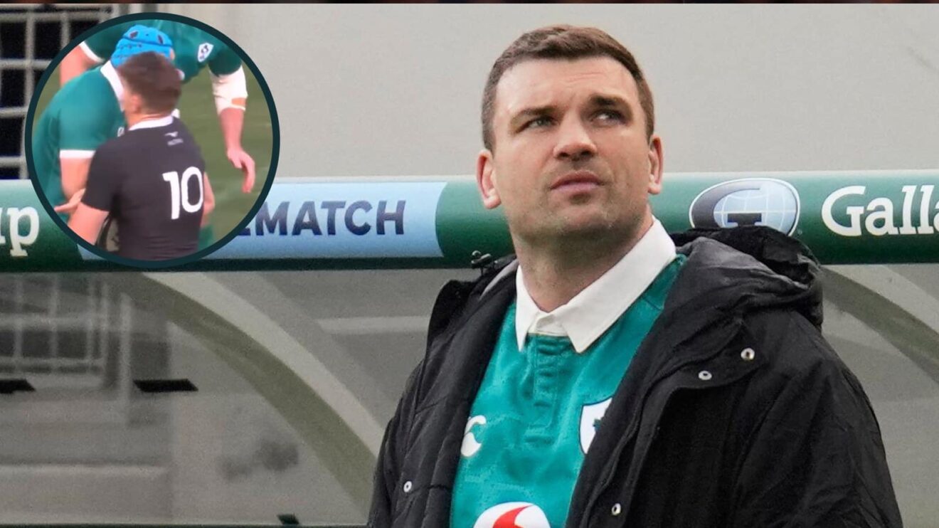 Tadhg Beirne after being sent-off against All Blacks and the hit on Beauden Barrett (inset) which led to it.