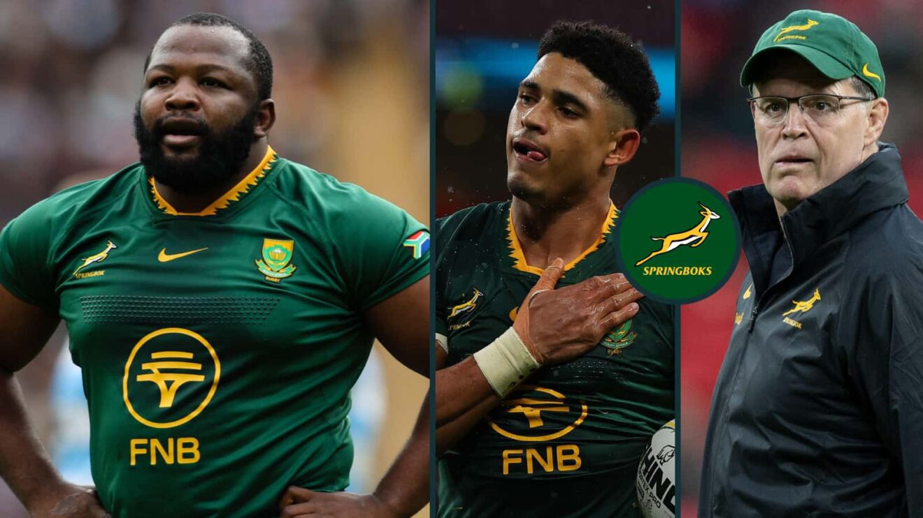 Springboks Ox Nche and Sacha Feinberg-Mngomezulu and head coach Rassie Erasmus.