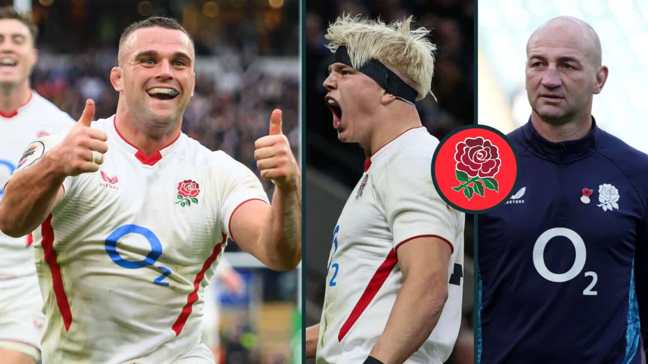 England's Ben Earl, Henry Pollock and head coach Steve Borthwick.