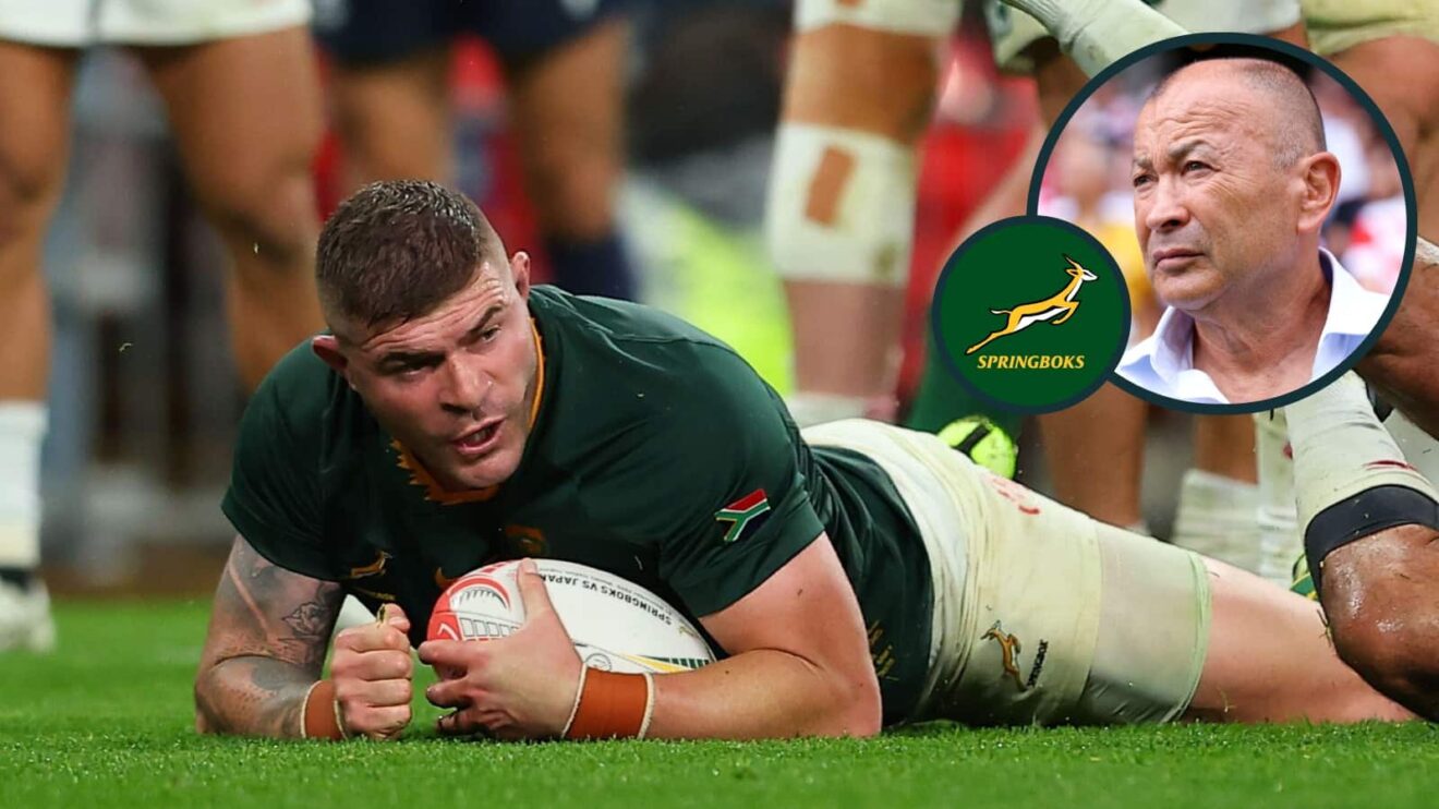 Springboks hooker Malcolm Marx and an inset of Japan head coach Eddie Jones