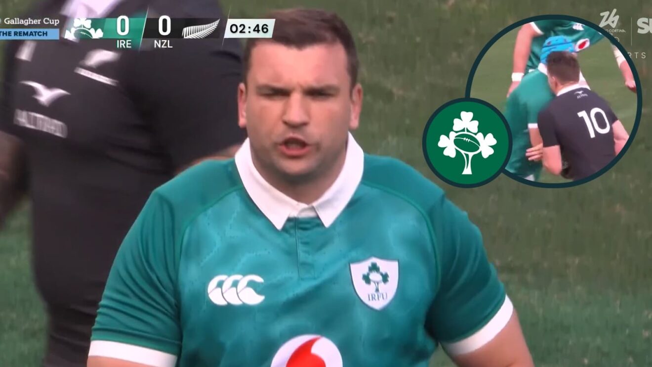 Tadhg Beirne after being yellow card and an inset of his tackle on All Blacks fly-half Beauden Barrett.