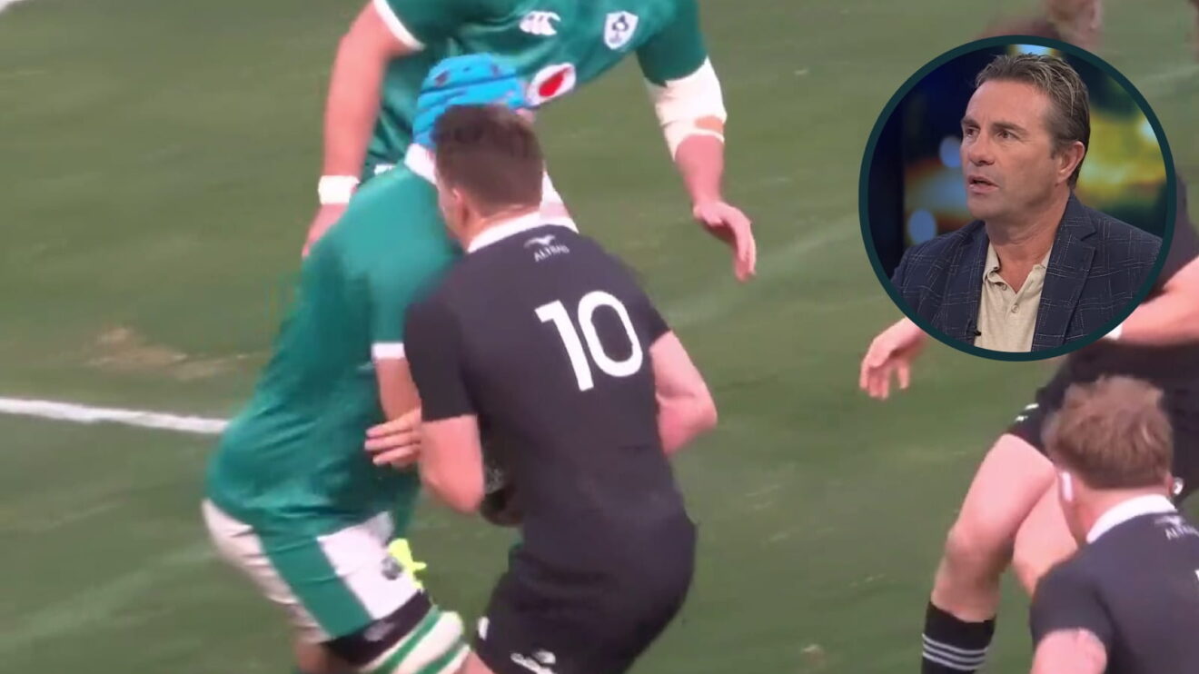 Tadhg Beirne's tackle on All Blacks fly-half Beauden Barrett and an inset of Justin Marshall.