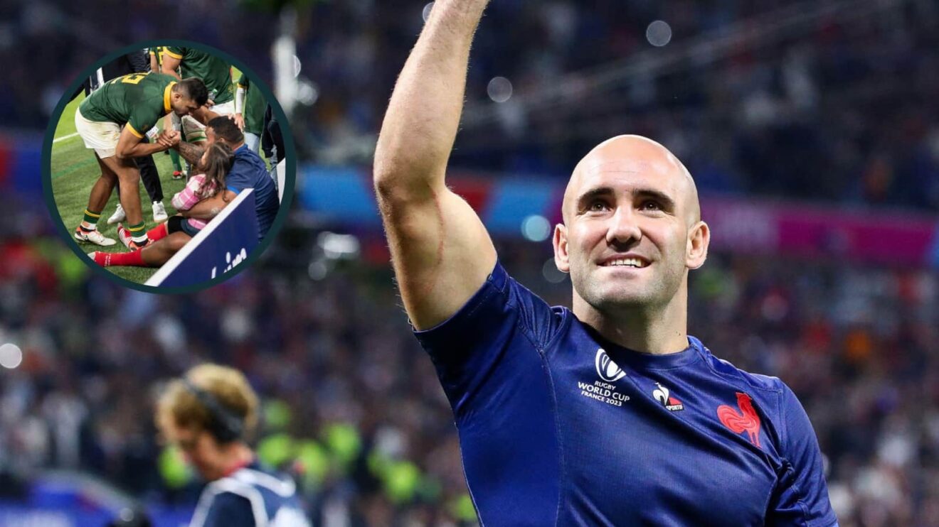 Maxime Lucu at the 2023 Rugby World Cup and an inset of Damian de Allende.