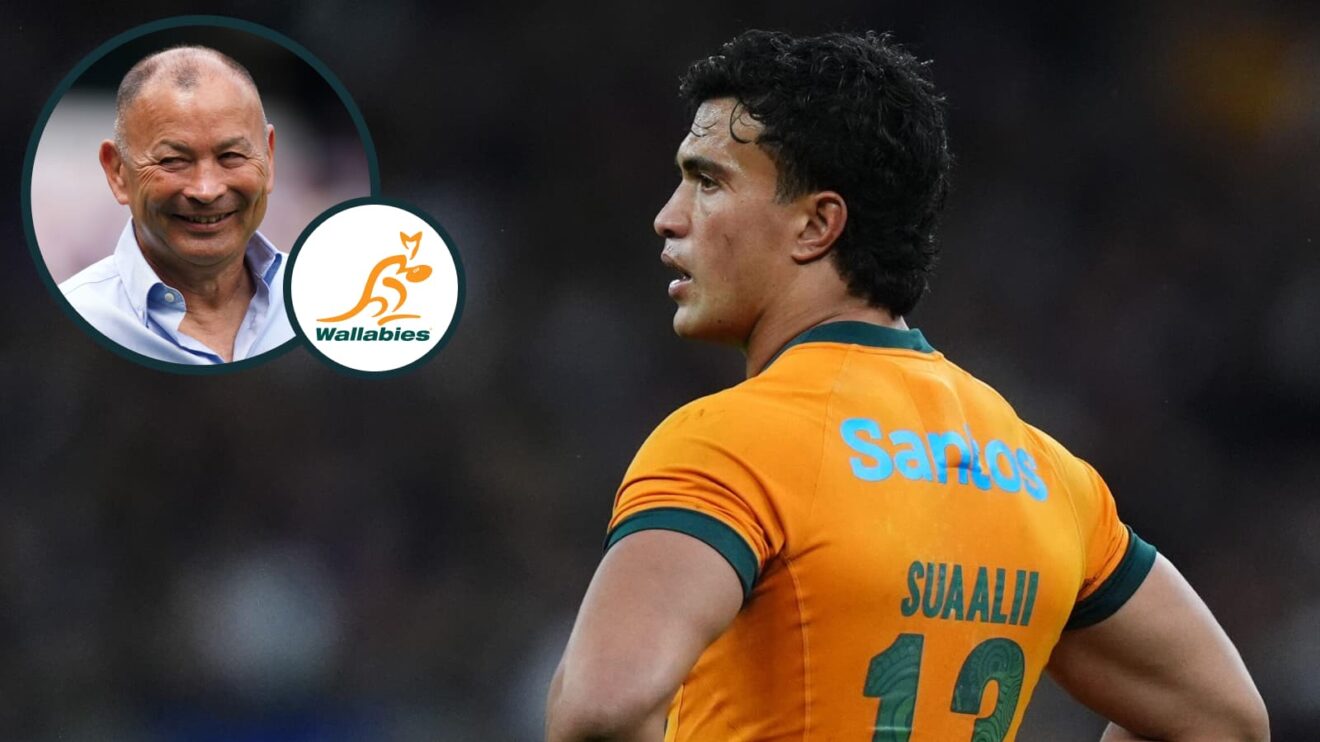 Wallabies star Joseph Suaalii and an inset of Japan boss Eddie Jones.