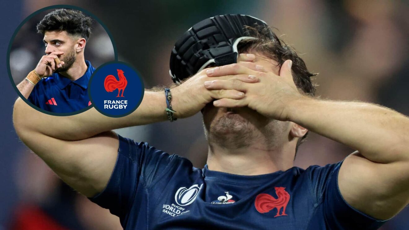 Antoine Dupont of France is dejected following the World Cup 2023 with an inset of Romain Ntamack.