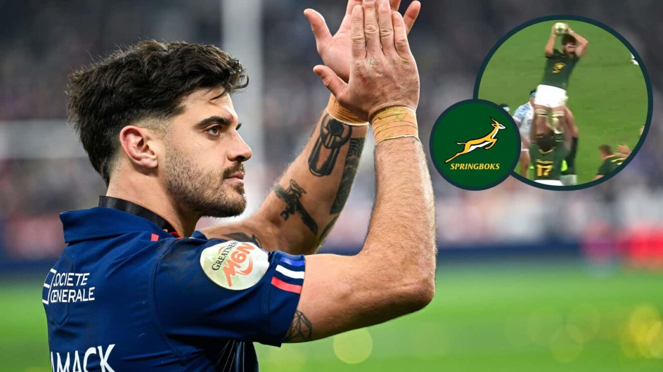 France fly-half Romain Ntamack and an inset of the Springboks midfield lineout.