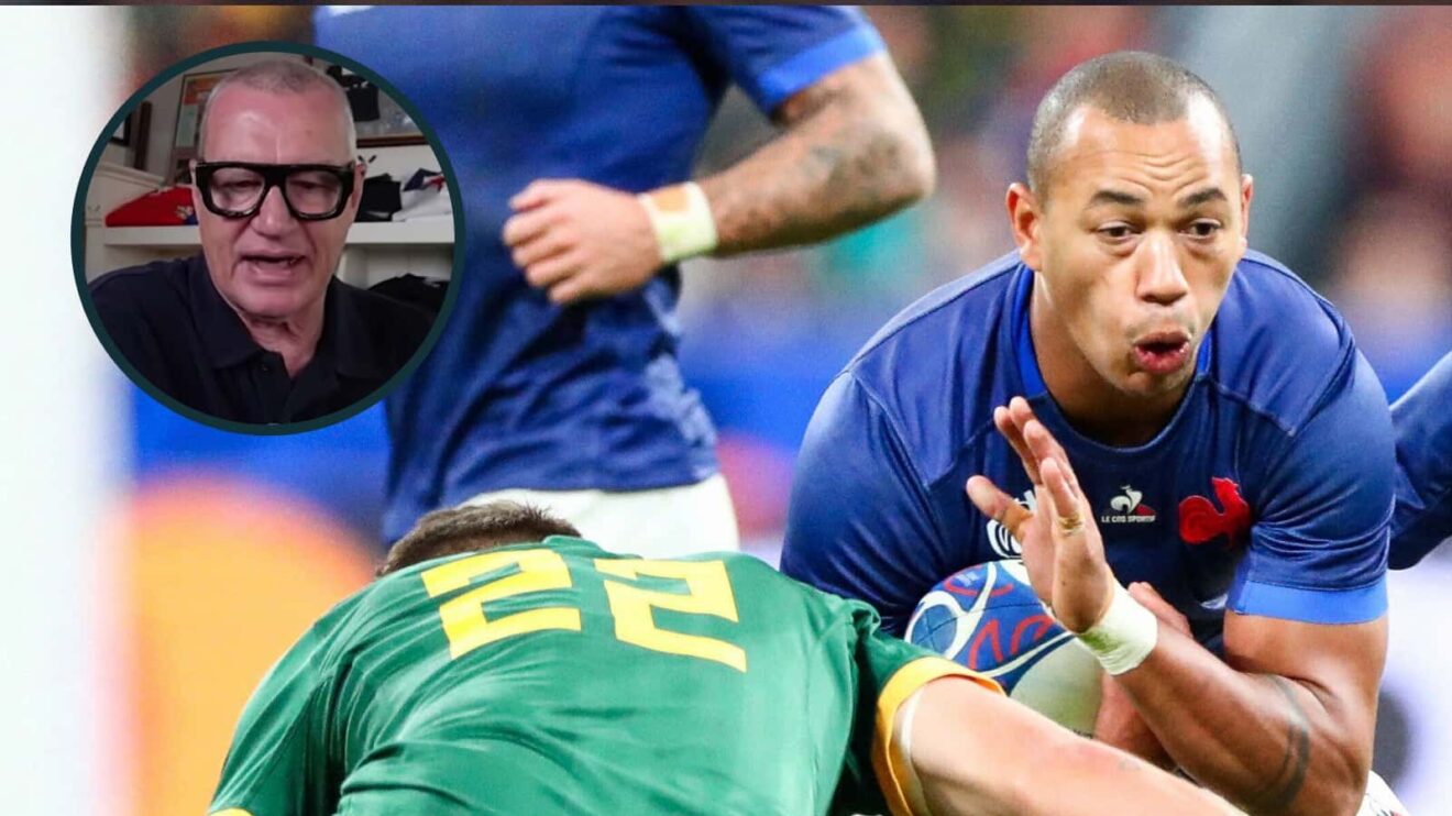 France taking on Springboks in 2023 Rugby World Cup quarter-final, and All Blacks legend Sir John Kirwan (inset).