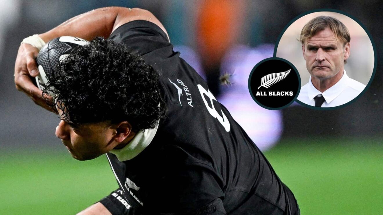 Wallace Sititi, who replaces Simon Parker, in action and All Blacks head coach Scott Robertson (inset).