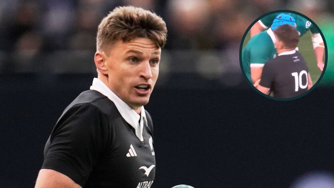 Fly-half Beauden Barrett in action against Ireland and Tadhg Beirne's hit on the All Blacks star (inset).