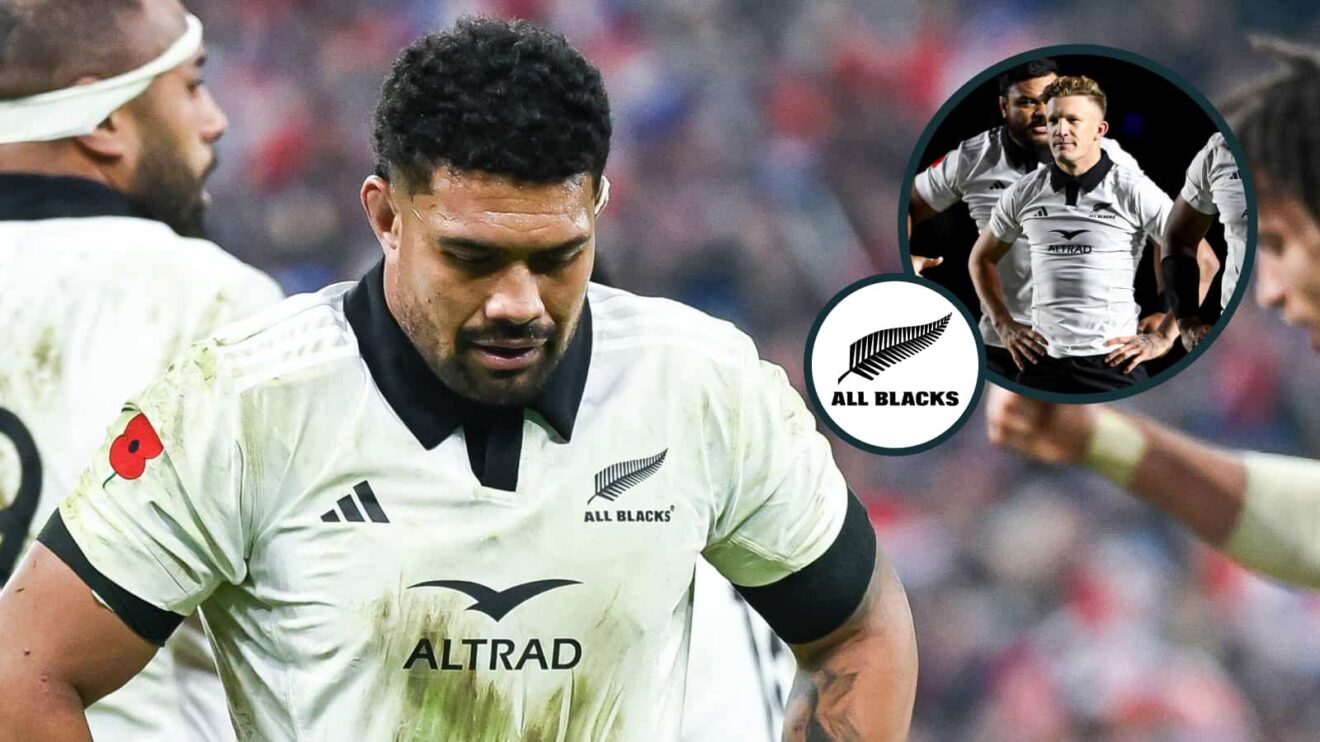 All Blacks captain Ardie Savea and an inset of Damian McKenzie doing the Haka.