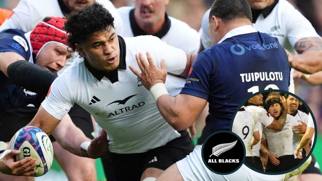 Wallace Sititi and Damian McKenzie (inset) in action for the All Blacks against Scotland.