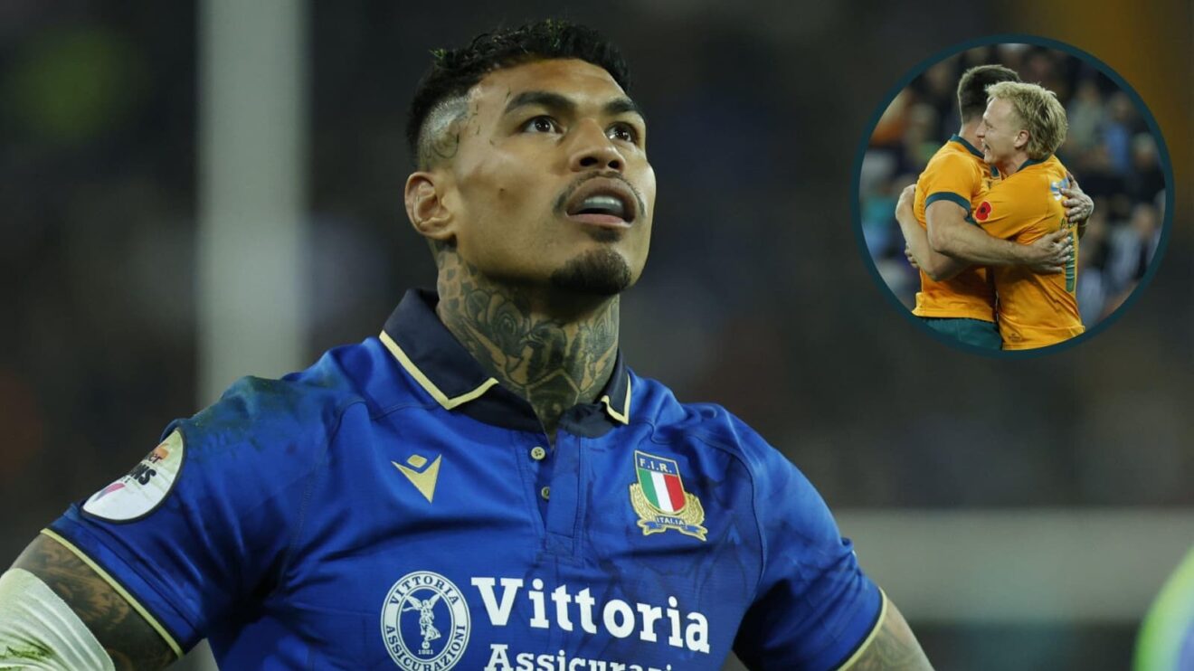 Italy's Monty Ioane and an inset of Carter Gordon celebrating his try.