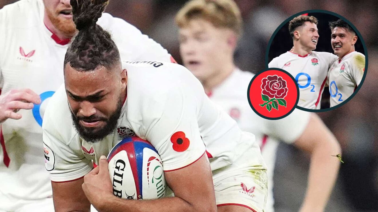 Chandler Cunningham-South in action against Fiji and Henry Arundell and Marcus Smith celebrate try.