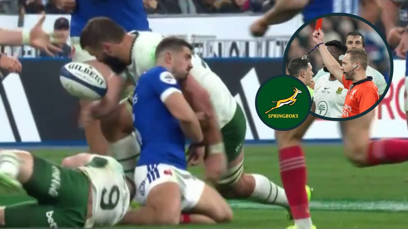 Lood de Jager's tackle on Thomas Ramos and an inset of referee Angus Gardner.
