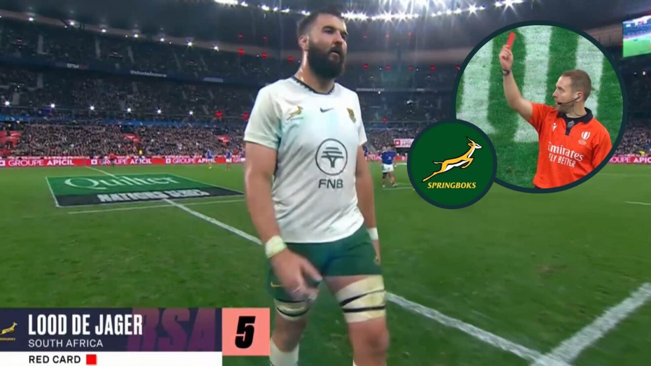 Springboks lock Lood de Jager and an inset of Angus Gardner issuing a red card.