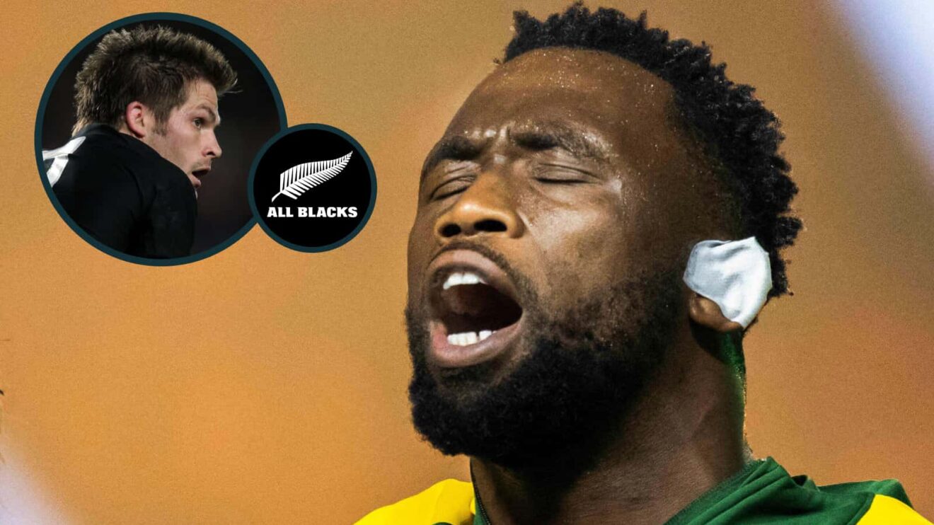 Springboks captain Siya Kolisi with an inset of All Blacks great Richie McCaw.