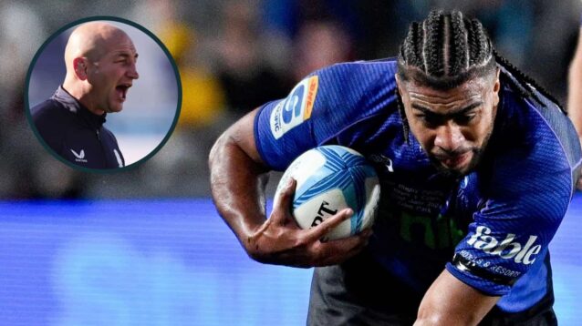 All Blacks and Blues number eight Hoskins Sotutu, and England head coach Steve Borthwick (inset).