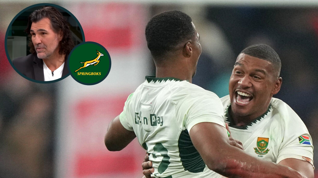 Springboks celebrate after beating France, and former South Africa lock Victor Matfield (inset).