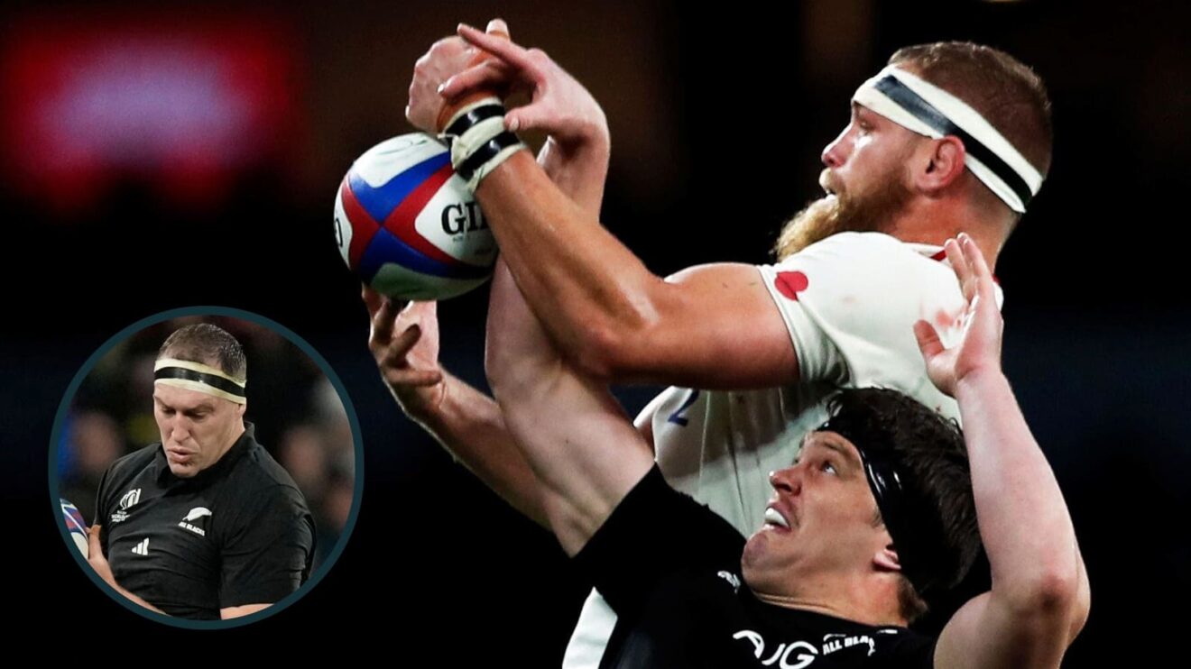 Brad Shields in action against the All Blacks in 2018 and former New Zealand lock Brodie Retallick (inset).