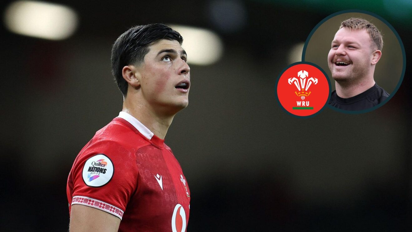 A two layered image of Louis Rees-Zammit and Dewi Lake