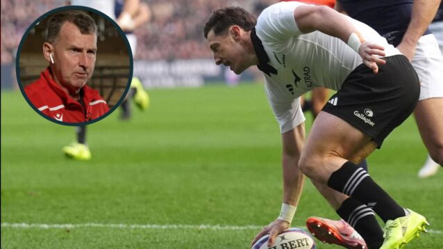 Cam Roigard scoring a try for All Blacks v Scotland and former Test referee Nigel Owens (inset).