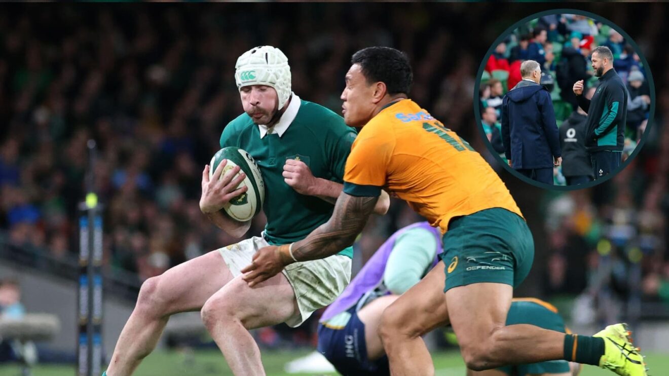 Ireland's Mack Hansen gets tackled in last year's game by Australia's Len Ikitau. Inset, Joe Schmidt and Andy Farrell.